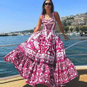 White & Pink Floral Long Dress